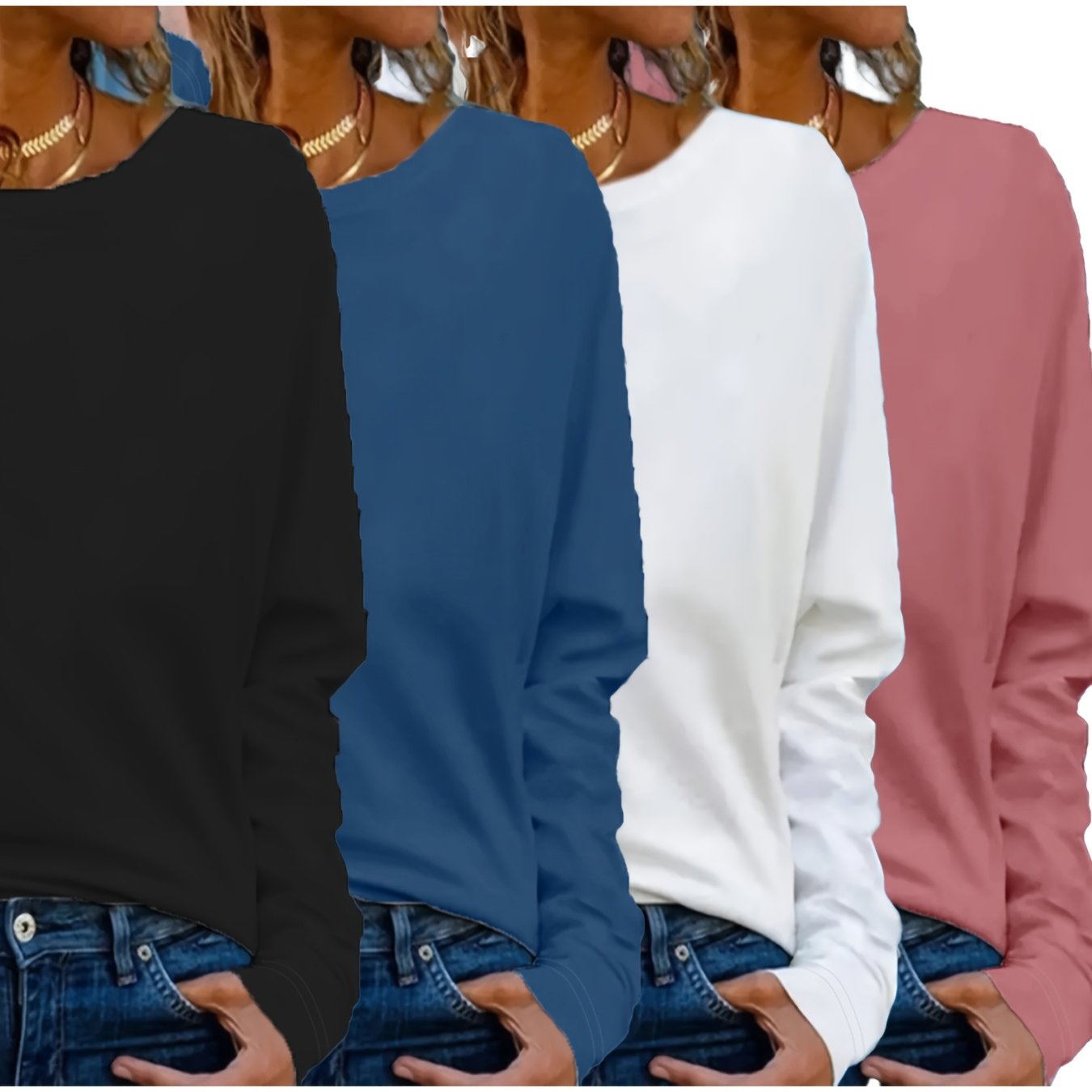 Women's Long Sleeve Cotton Crew Neck Tops - Solid Colors, Loose Fit, Fall Spring Ready