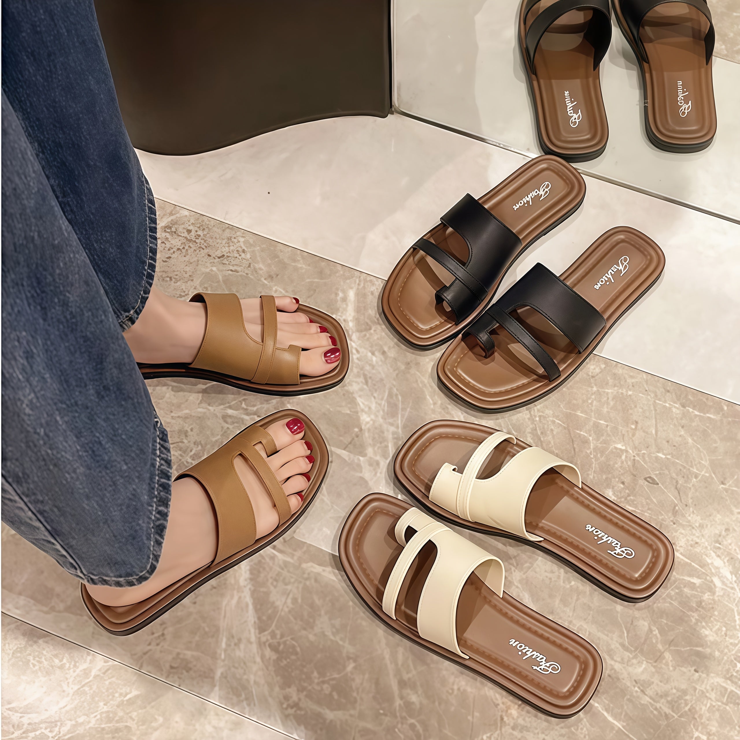 Women's Flat Sandals Open Toe Summer Slides Brown TPU Casual Beach