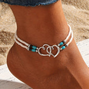 Bohemian Style Double Hollow Heart Anklet Set with Seed Beads for Women