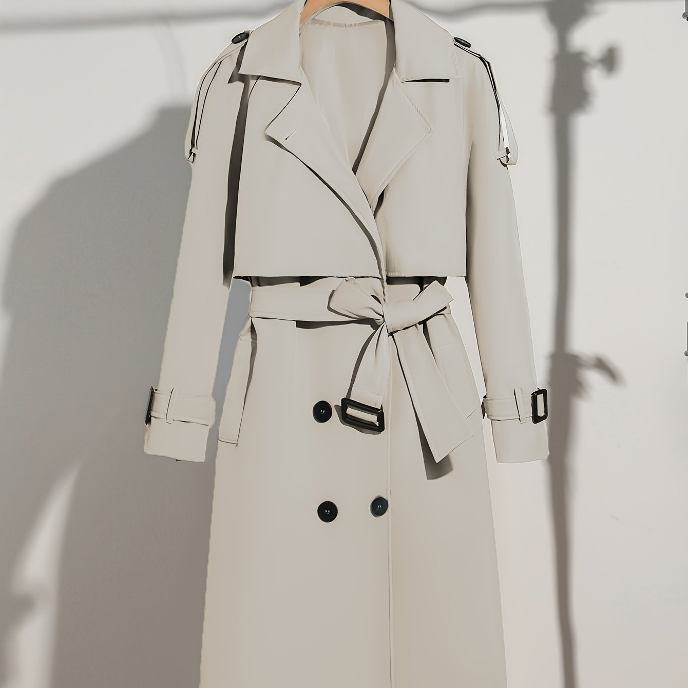 Abrigo trench de talla grande para mujer con doble botonadura, cinturón, solapa sólida y poliéster