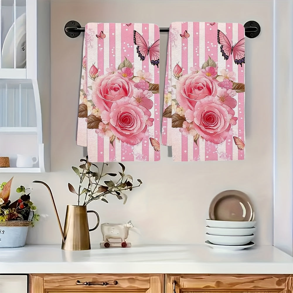 Set of 2 Pink Rose and Butterfly Kitchen Towels 16x24 Inches Ultra Soft