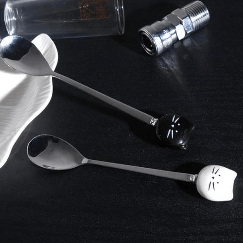 Ceramic Cat Spoon Stainless Steel Kitchen Utensil for Ice Cream Tea Soup Set of 1 or 2
