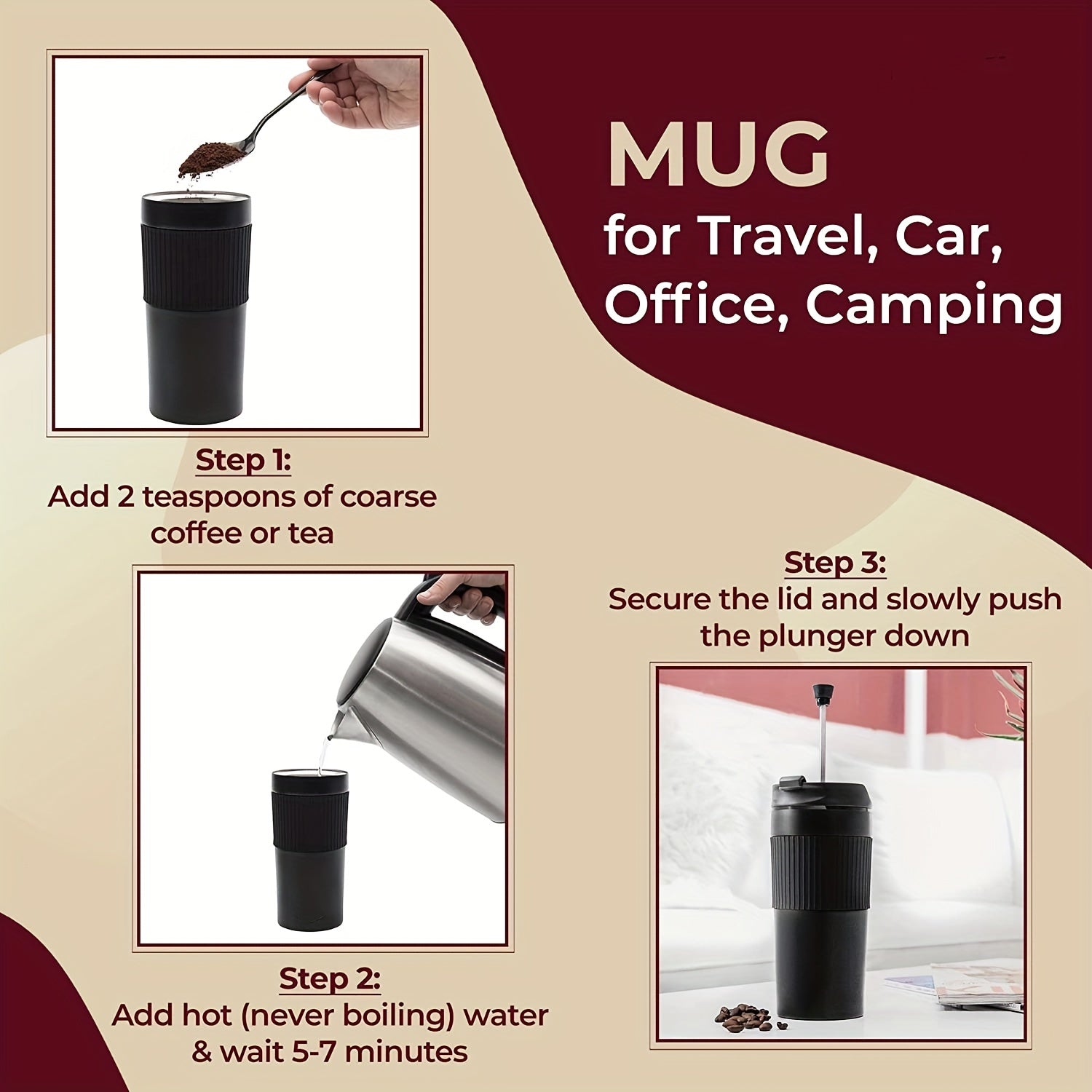 Insulated Stainless Steel French Press Mug 12oz Travel Coffee Tumbler