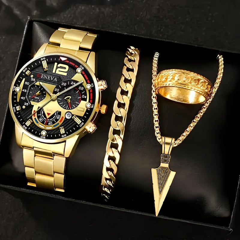 Men's Luxury Gift Set Includes Stainless Steel Watch Necklace Bracelet Ring Business Casual
