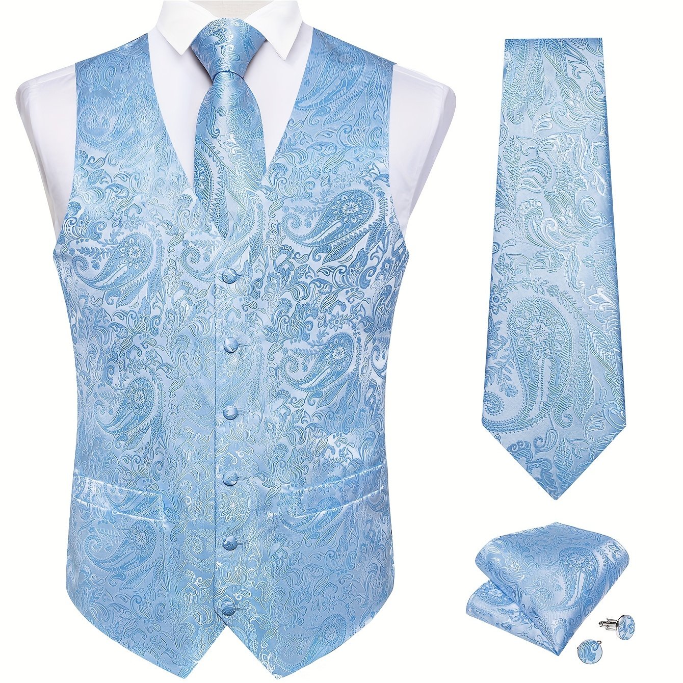 Men's Plus Size Blue Waistcoat Set with Paisley Tie Cufflinks and Handkerchief for Formal Occasions