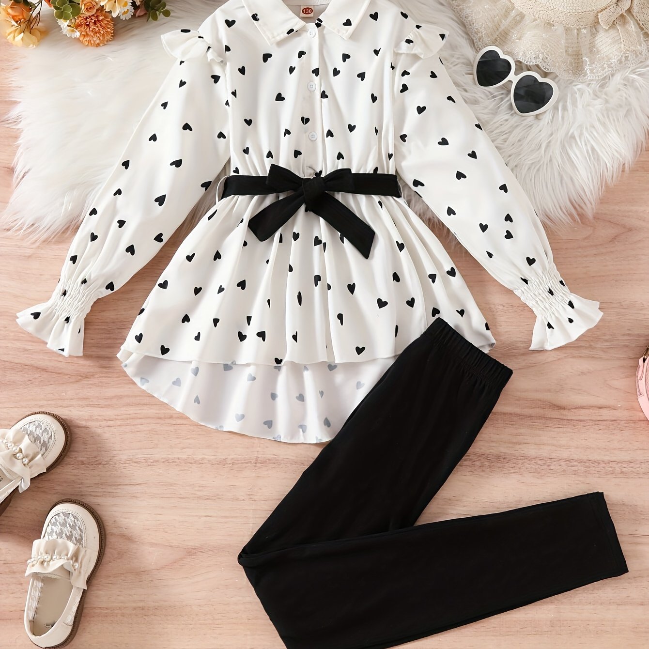 Girls' 2-Piece Set Heart Print Top and Solid Pants Spring Fall Machine Washable Outdoor