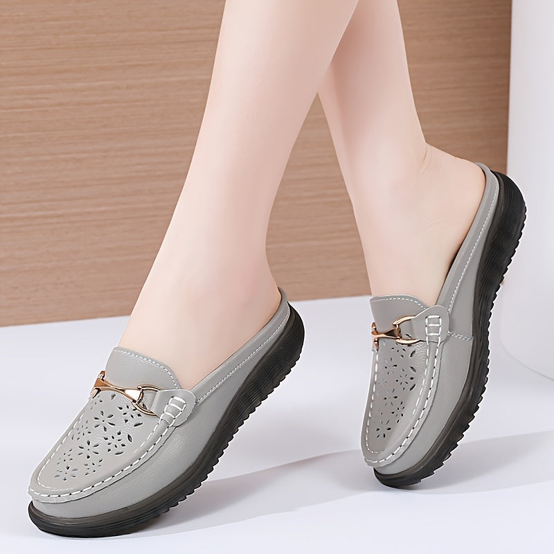 Women's Metal Buckle Mules, Flat Breathable Casual Shoes, Anti-slip