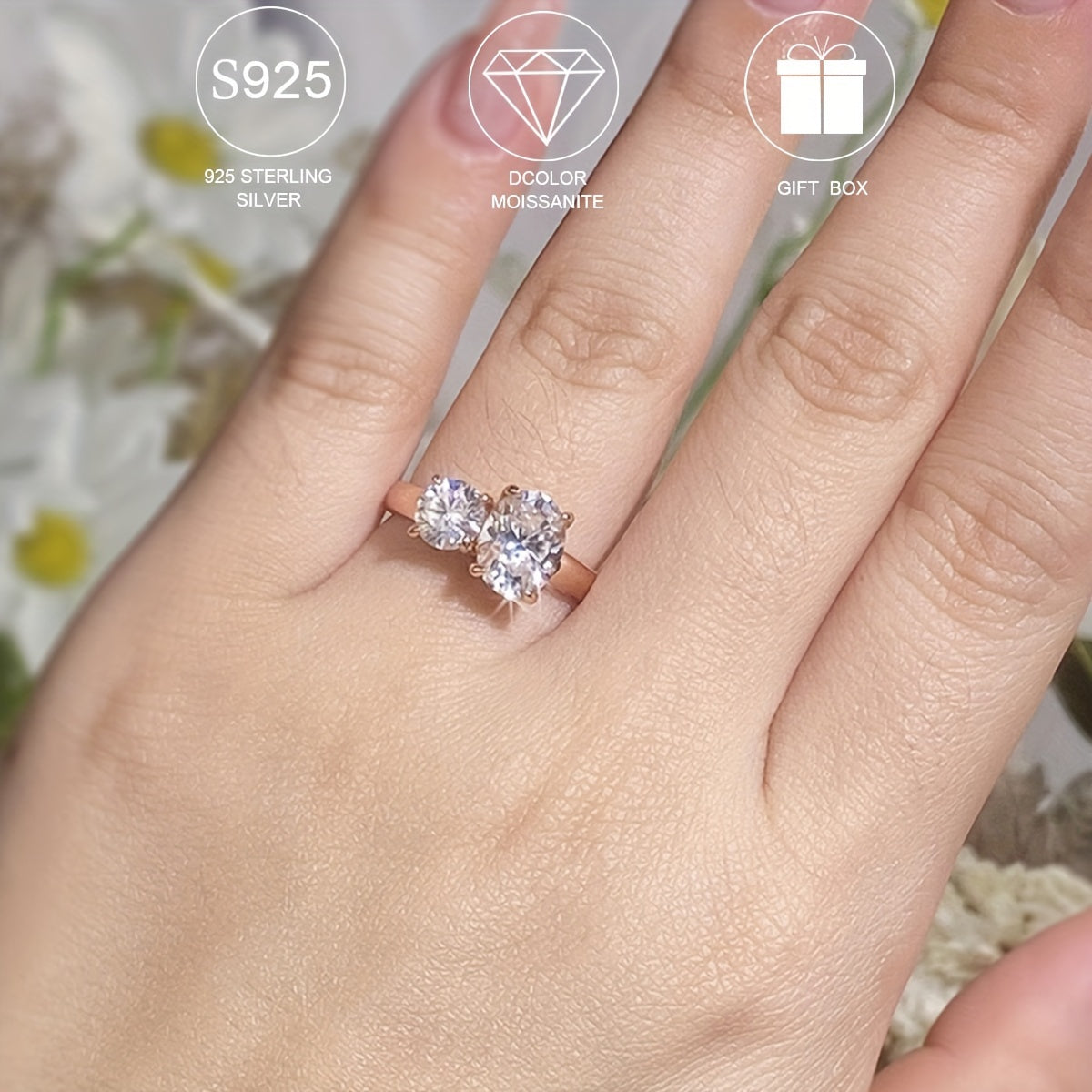 Sterling Silver Ring with 2.8ct Moissanite Oval Two-Stone Design for Women Engagement Wedding