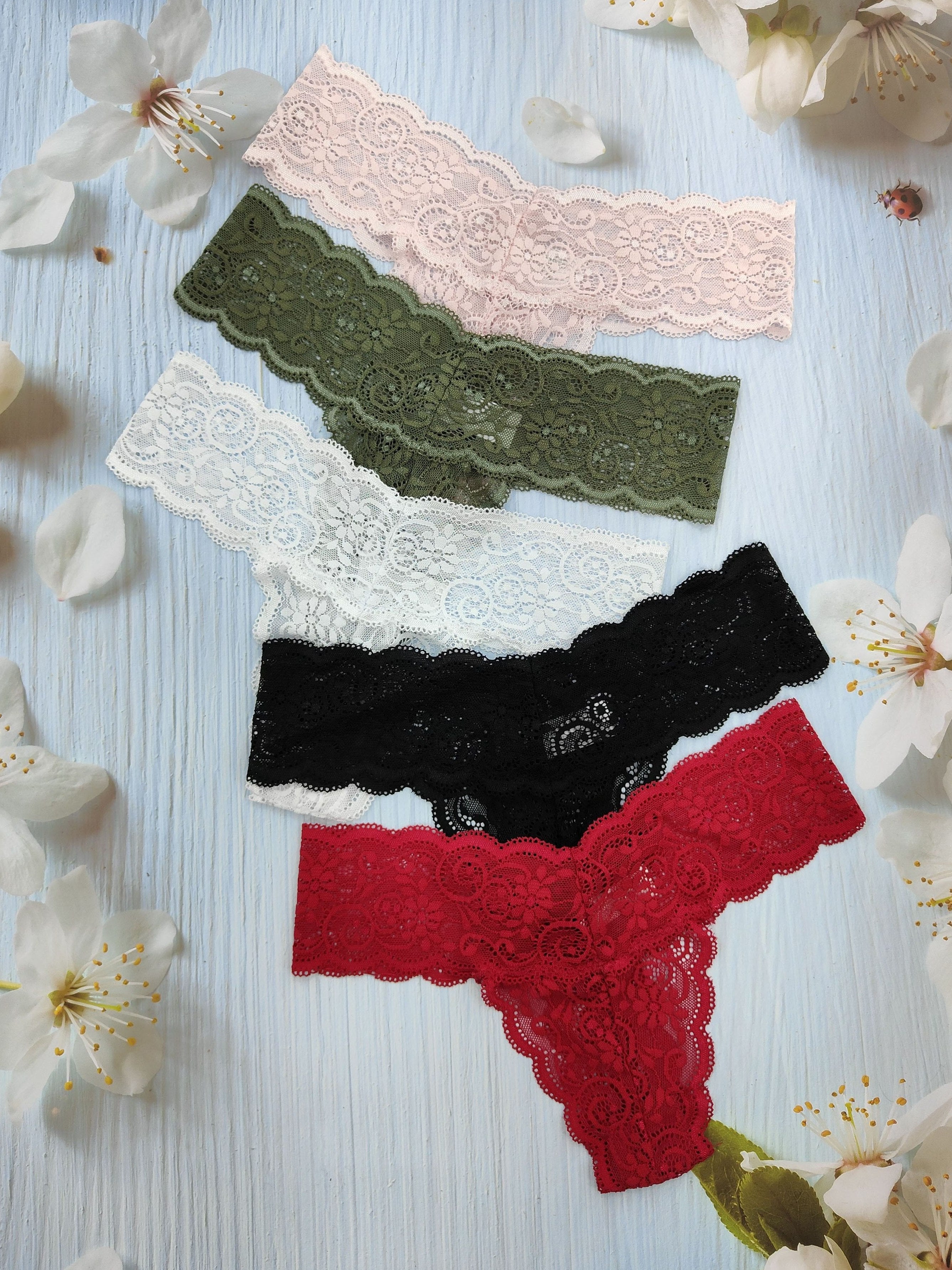Women's Low-Rise Lace Thong Panties 5-Pack Semi-Sheer Solid Color