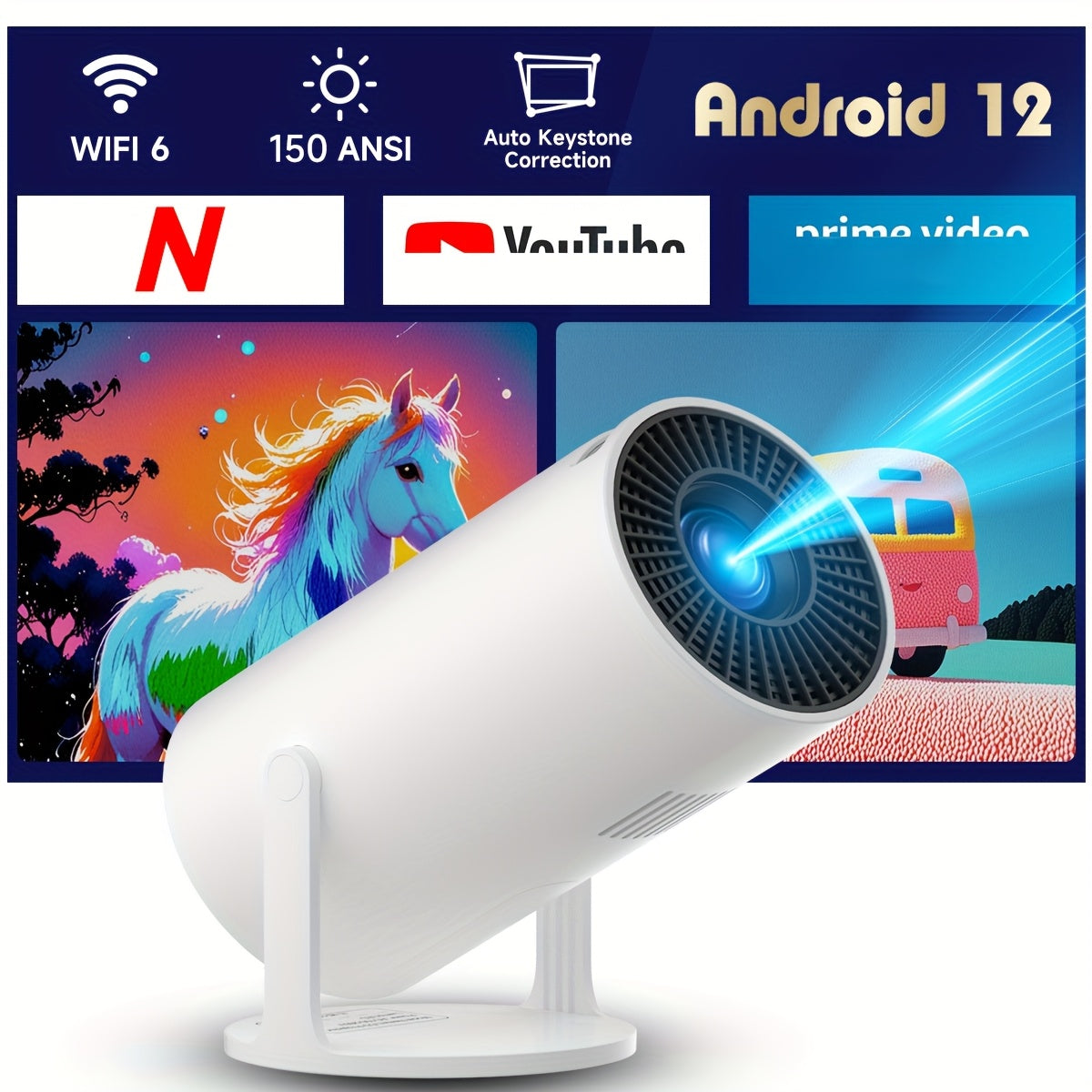 Mini 4K Projector for Home Theater with Android 12 WiFi6 Bluetooth 5.2
