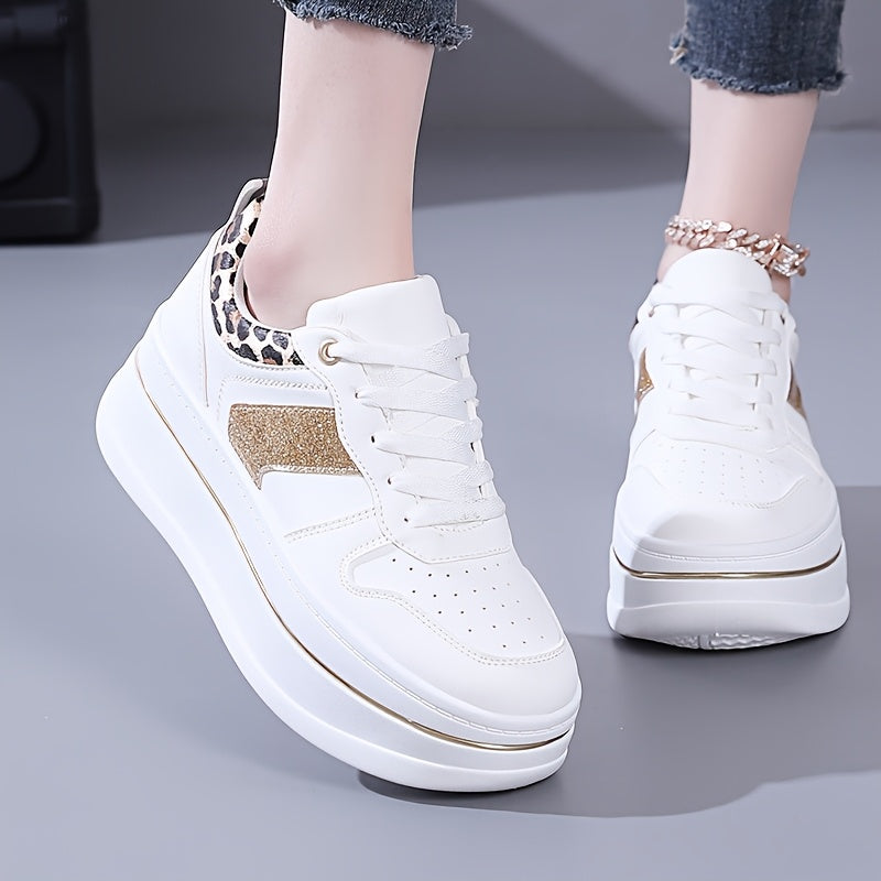 Women's Casual Thick-Sole Sneakers White Gold Low-Top Comfortable Lace-Up All-Season