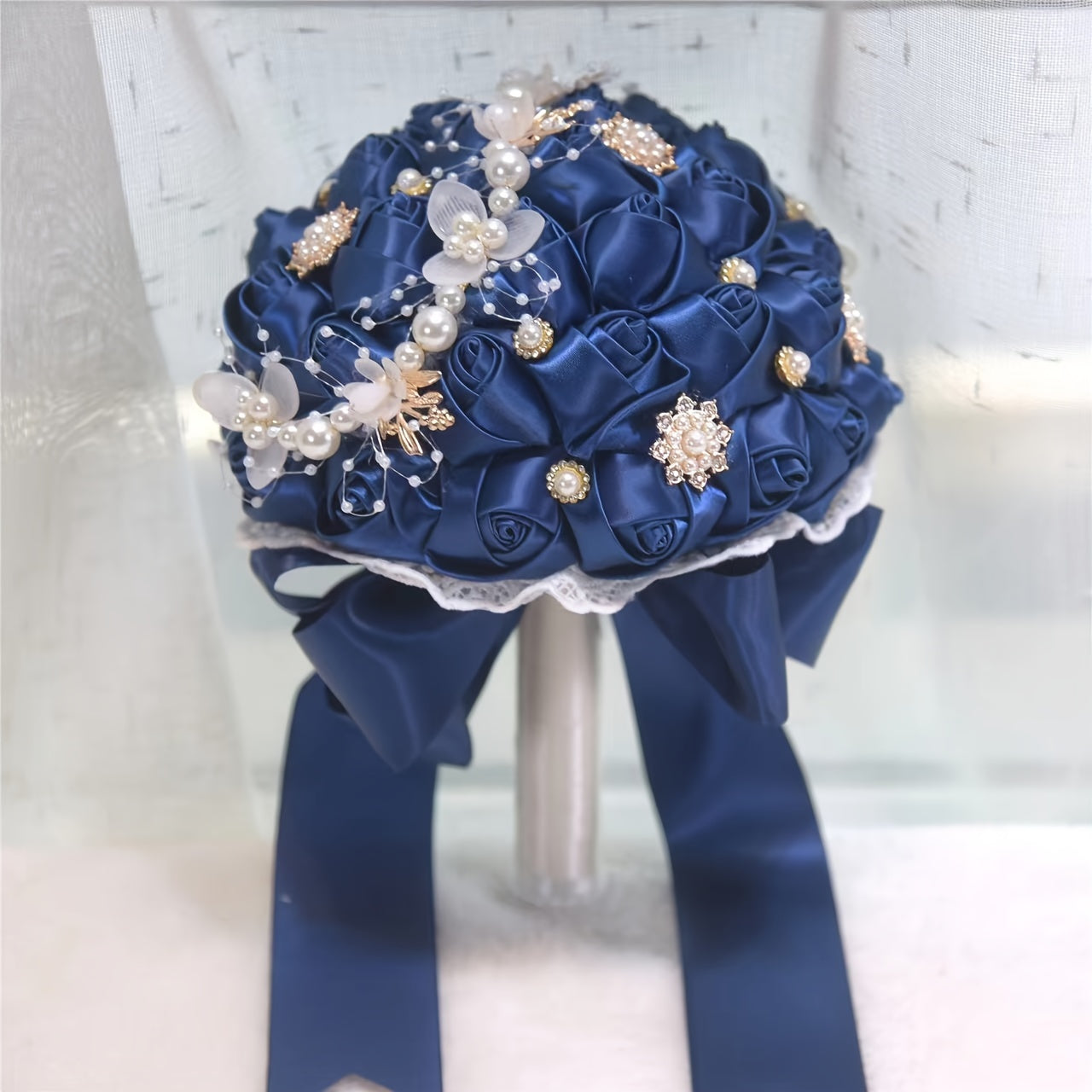 Satin Rose Wedding Bouquet Handcrafted Bridal Wrist Corsage Blue White for Bridesmaids and Events