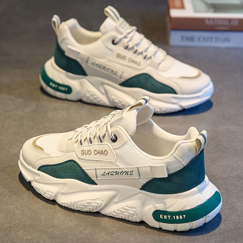 Men's Solid Color Chunky Sneakers Non-Slip Lace-Up Casual Running Shoes