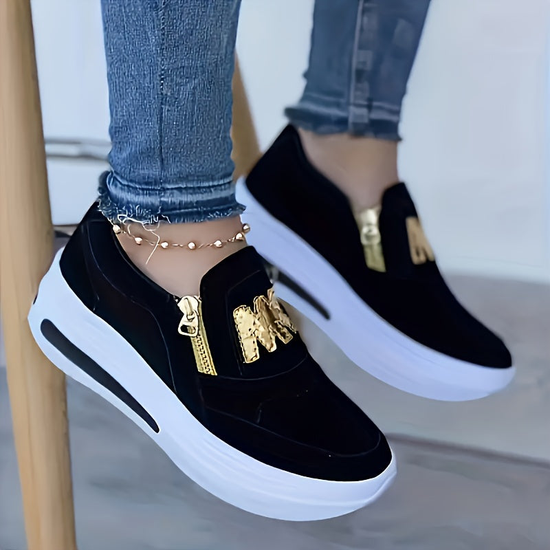Women's Red Slip-On Sneakers with Zipper Low Top Lightweight PU Sole
