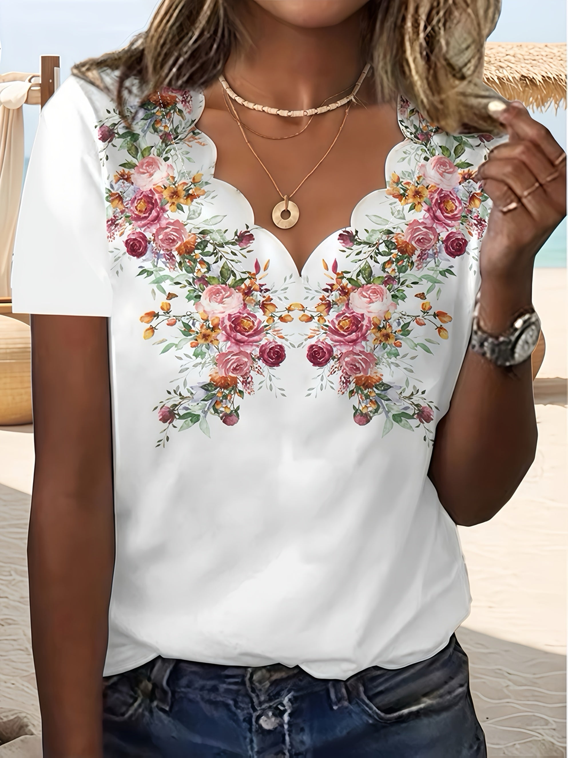 Women’s Floral V-Neck T-Shirt Summer Short Sleeve Plus Size Polyester
