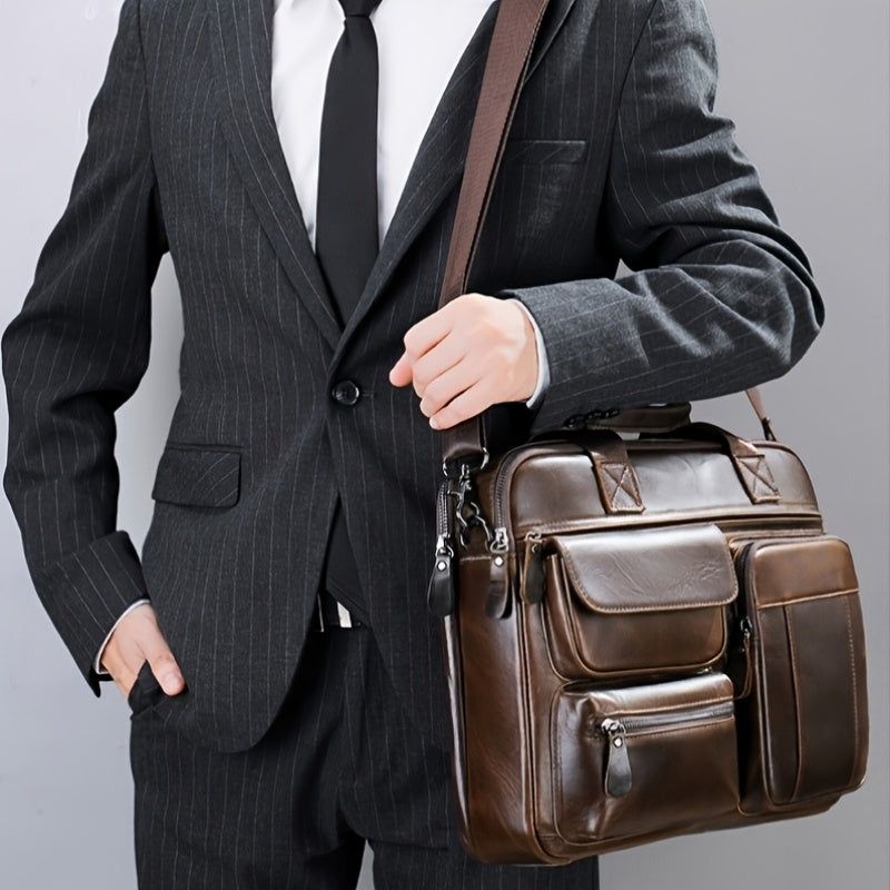 Men's Leather Business Travel Briefcase with Laptop Compartment and Adjustable Shoulder Strap in Brown