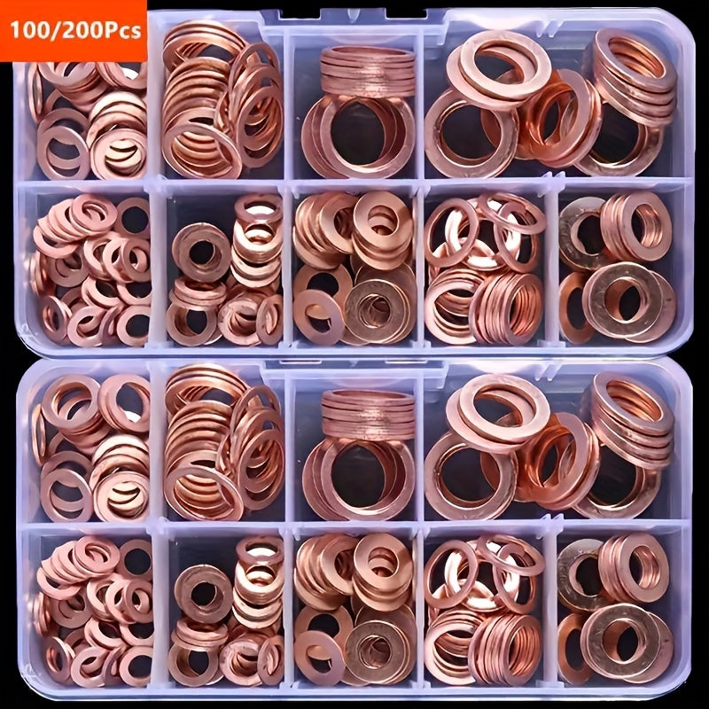 100pcs Copper Washer Gasket Nut and Bolt Set Flat Ring Seal Assortment Kit