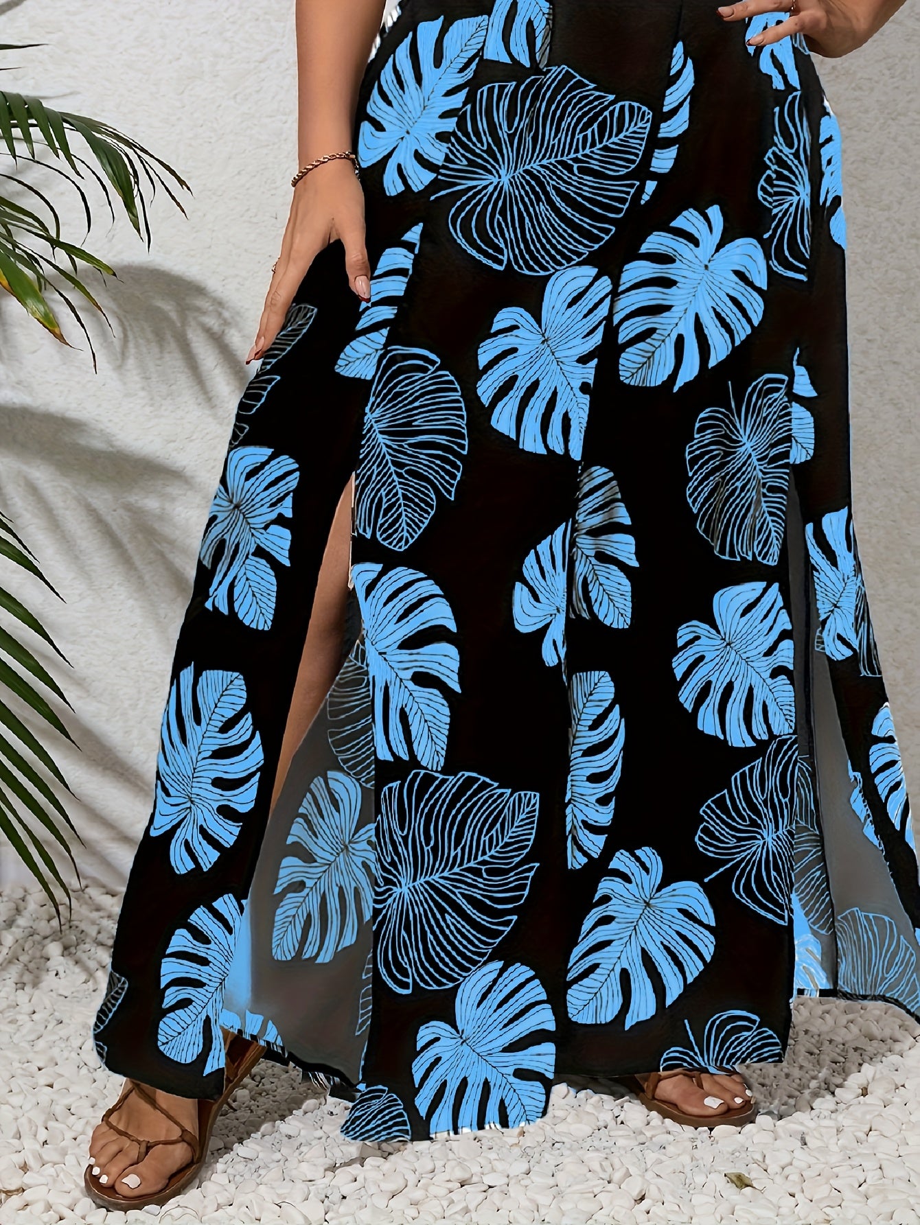 Plus Size Women's Wide Leg Pants Polyester Blend High-Rise Leaf Print Black White