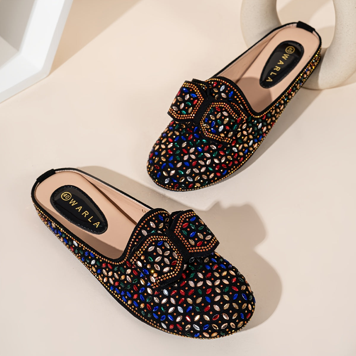 Women's Vintage Rhinestone Bowknot Mules Black Fabric Flats All-Season