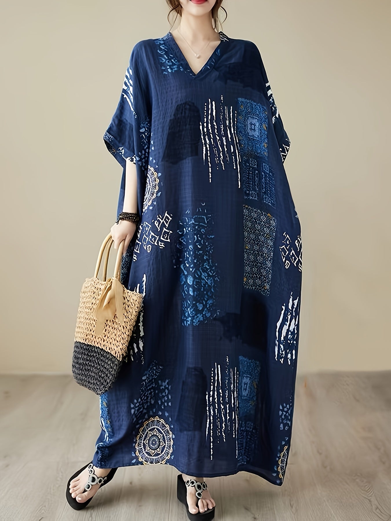Plus Size V-Neck Kaftan Dress Short Sleeve Casual All-Season Woven Gown