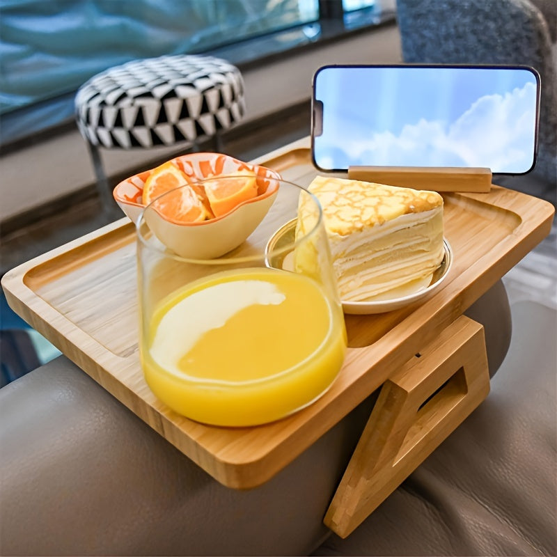 Поднос для дивана из бамбука с пристегивающимся подлокотником — складной и портативный, изготовлен из прочного желтого бамбука — идеально подходит для хранения чашек, стаканов, пультов дистанционного управления и многого другого