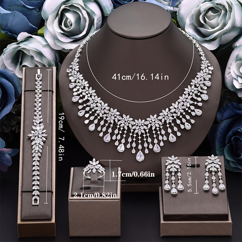 Platinum Plated Copper Bridal Jewelry Set with Zirconia Necklace Bracelet Earrings