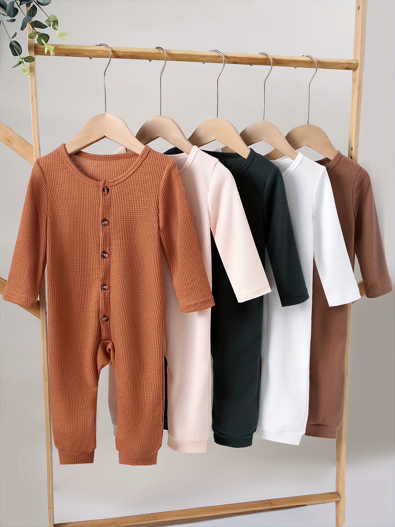 Baby Girl Long Sleeve Waffle Romper Set 5 Pieces Solid Color Fall Winter Outdoor