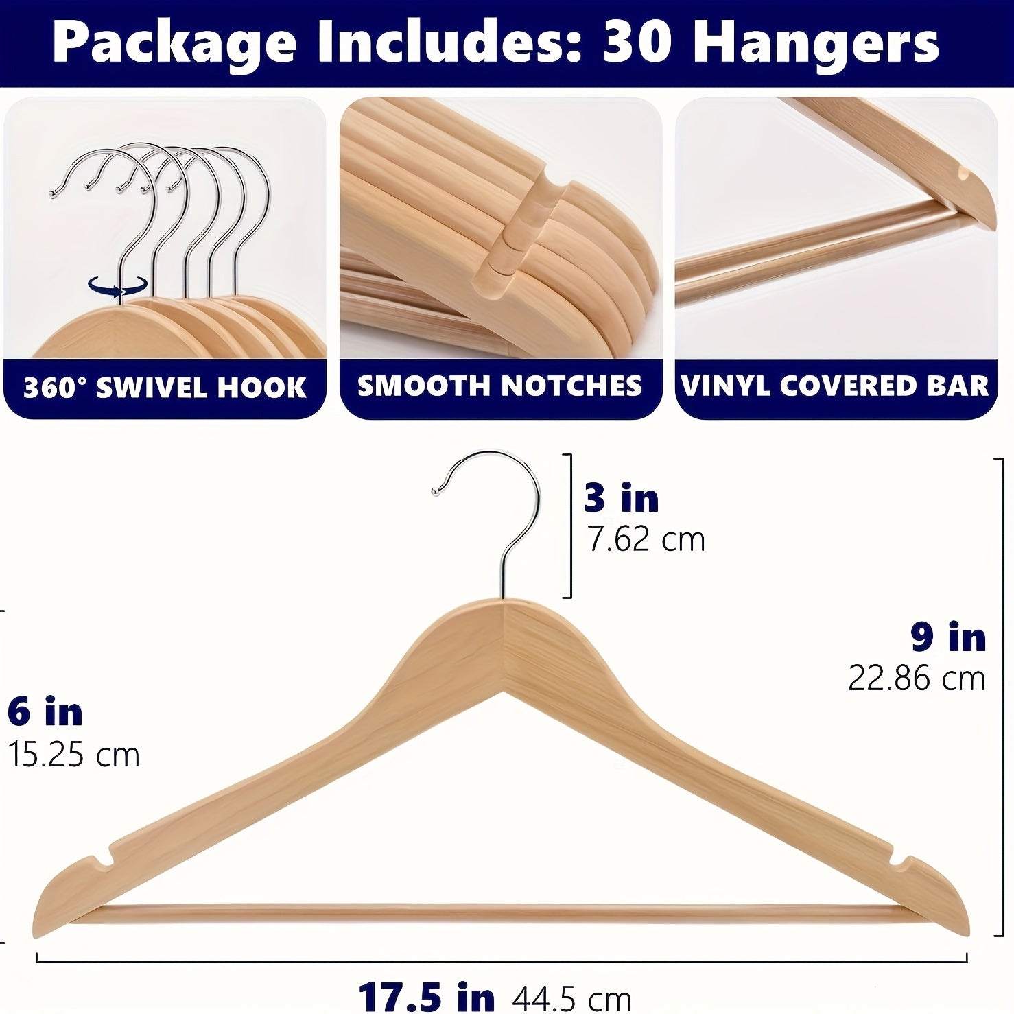 Juego de 10 perchas de madera para abrigos con ganchos giratorios acabado pulido color natural