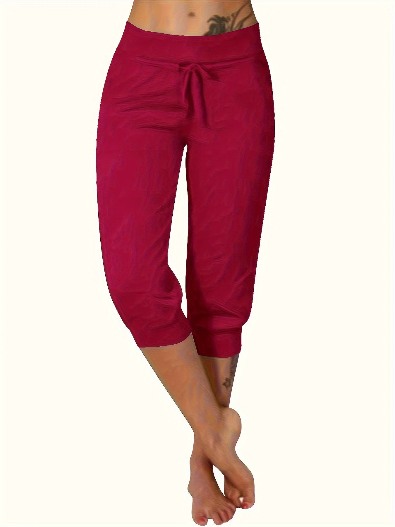Plus Size Women's Yoga Capris Pack of 3 Maroon Drawstring Pockets Stretch Polyester