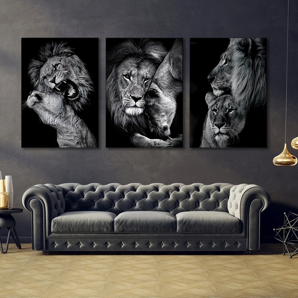3-Piece Unframed Canvas Wall Art Featuring Modern Lion Family Animal Print for Bedroom Living Room Corridor Decor