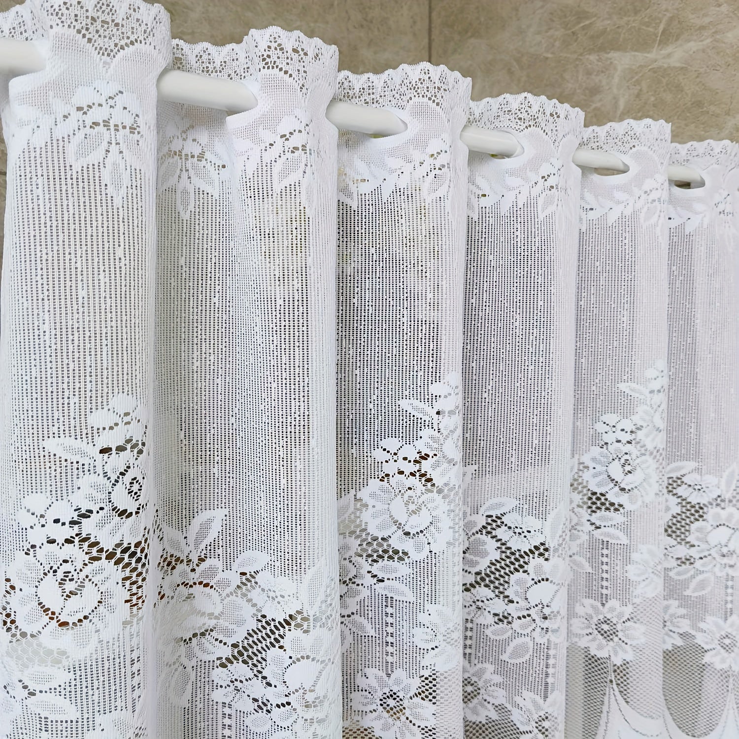 White Lace Sheer Curtain with Floral Pattern, Rod Pocket, Scalloped Bottom