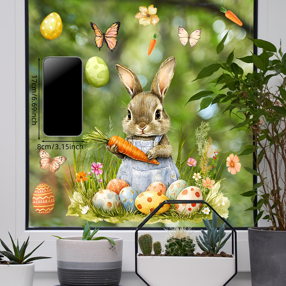 Easter Bunny Window Cling Decal with Colorful Eggs and Butterflies, Reusable PVC, 12x12 Inches