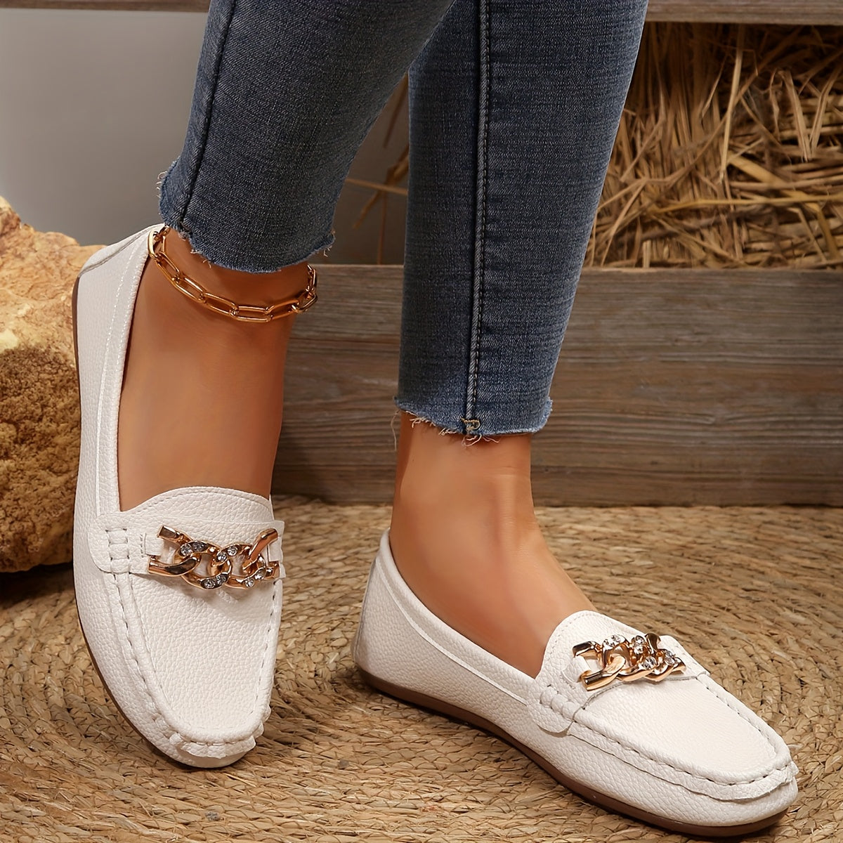 Women's White Faux Cover Loafers with Gold Chain Slip-On Flats