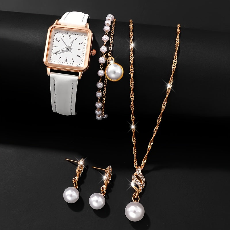 Set of 5 Women's Square Quartz Watches with Faux Leather Straps and Electronic Movement