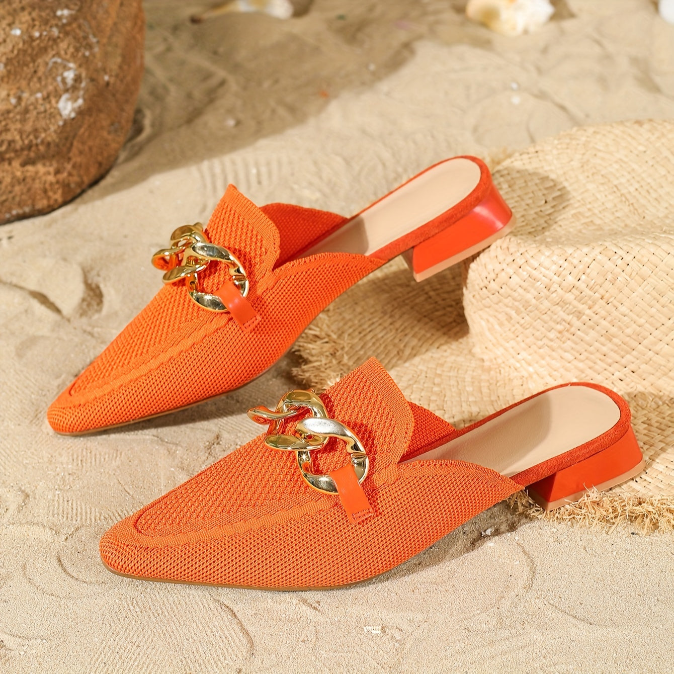 Women's Black Mules with Metallic Chain Pointed Toe Low Heel Flats