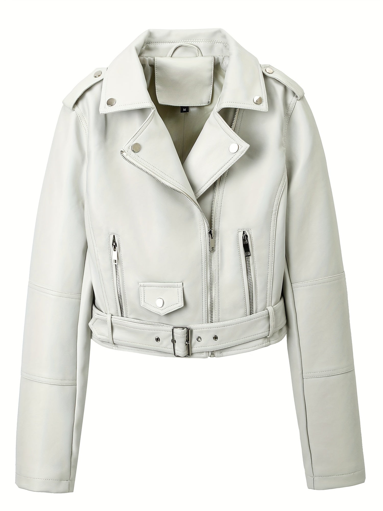 Women's Faux Leather Biker Jacket with Zip-Up Closure and Lapel Crop Design for Spring Fall
