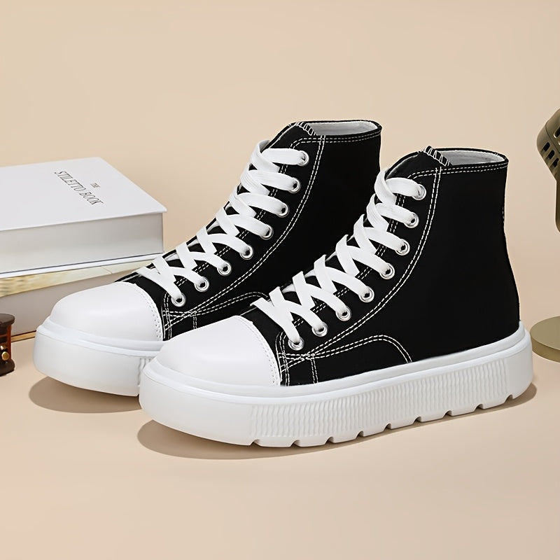 Women's Breathable Canvas Flat High Top Sneakers Black All Season Casual Shoes