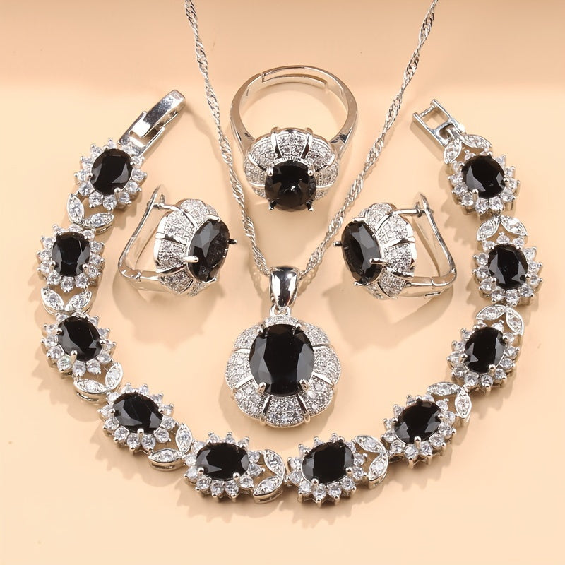 Women's Jewelry Set with Necklace Earrings Ring and Bracelet Silver Plated Cubic Zirconia
