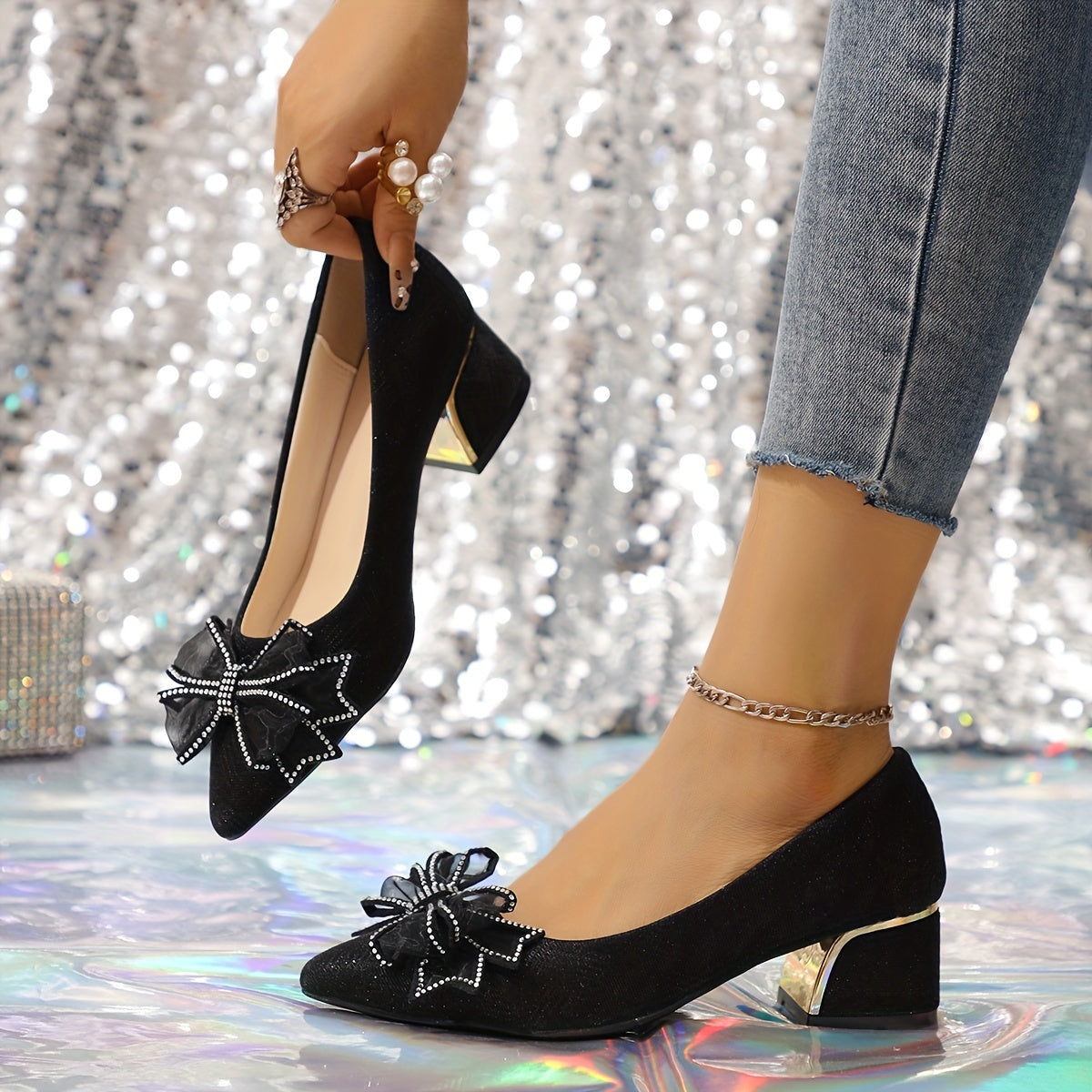 Women's Black Pointed Toe Pumps with Rhinestone Bow for Weddings and Parties