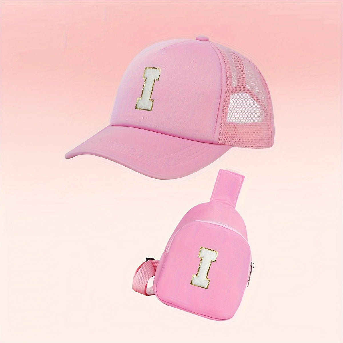 Girls Alphabet-Themed 2-Piece Baseball Cap and Bag Set Polyester Breathable Fitted for Ages 3-14