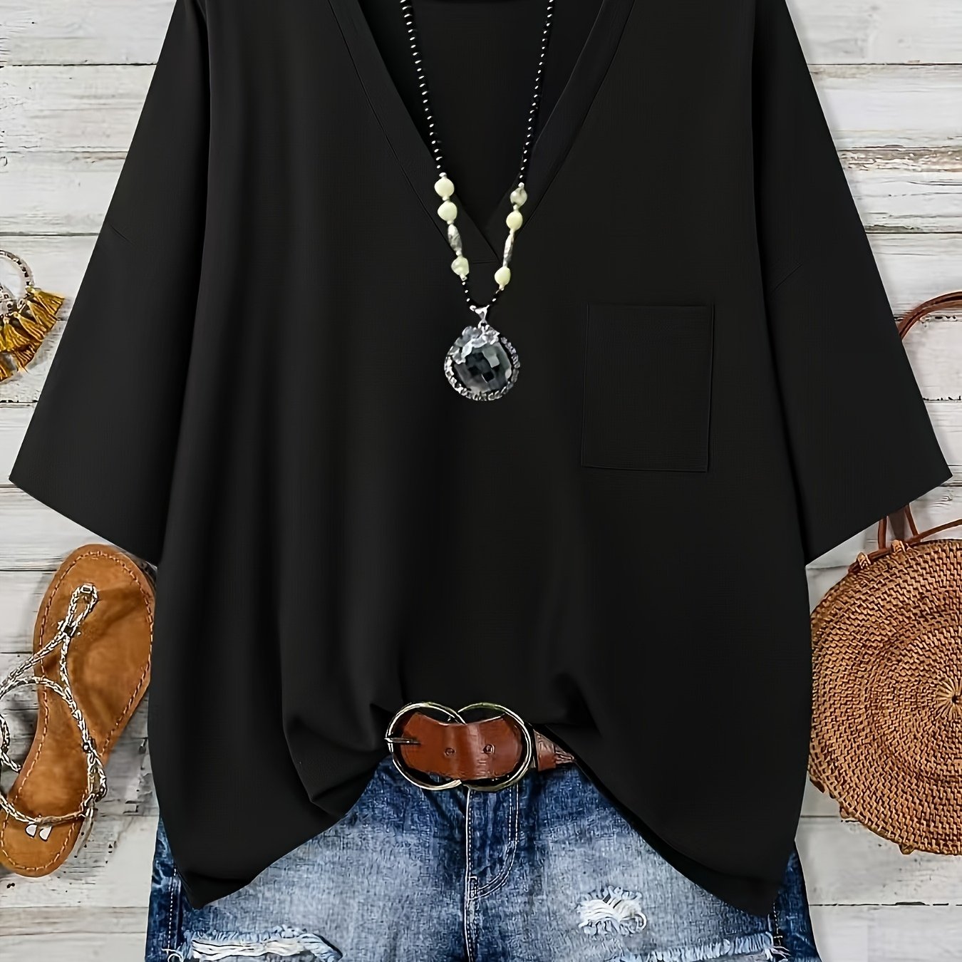 Women's Plus Size V-Neck Loose Top with Pockets Black Casual Summer Blouse