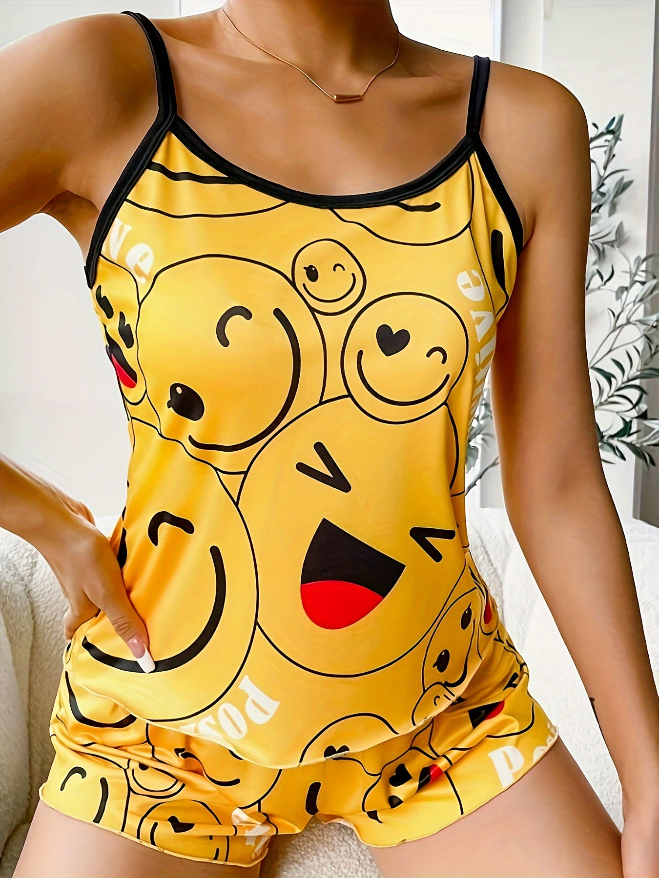 Women's Smiling Face Print Pajama Set with Frill Trim Backless Cami Top and Elastic Shorts