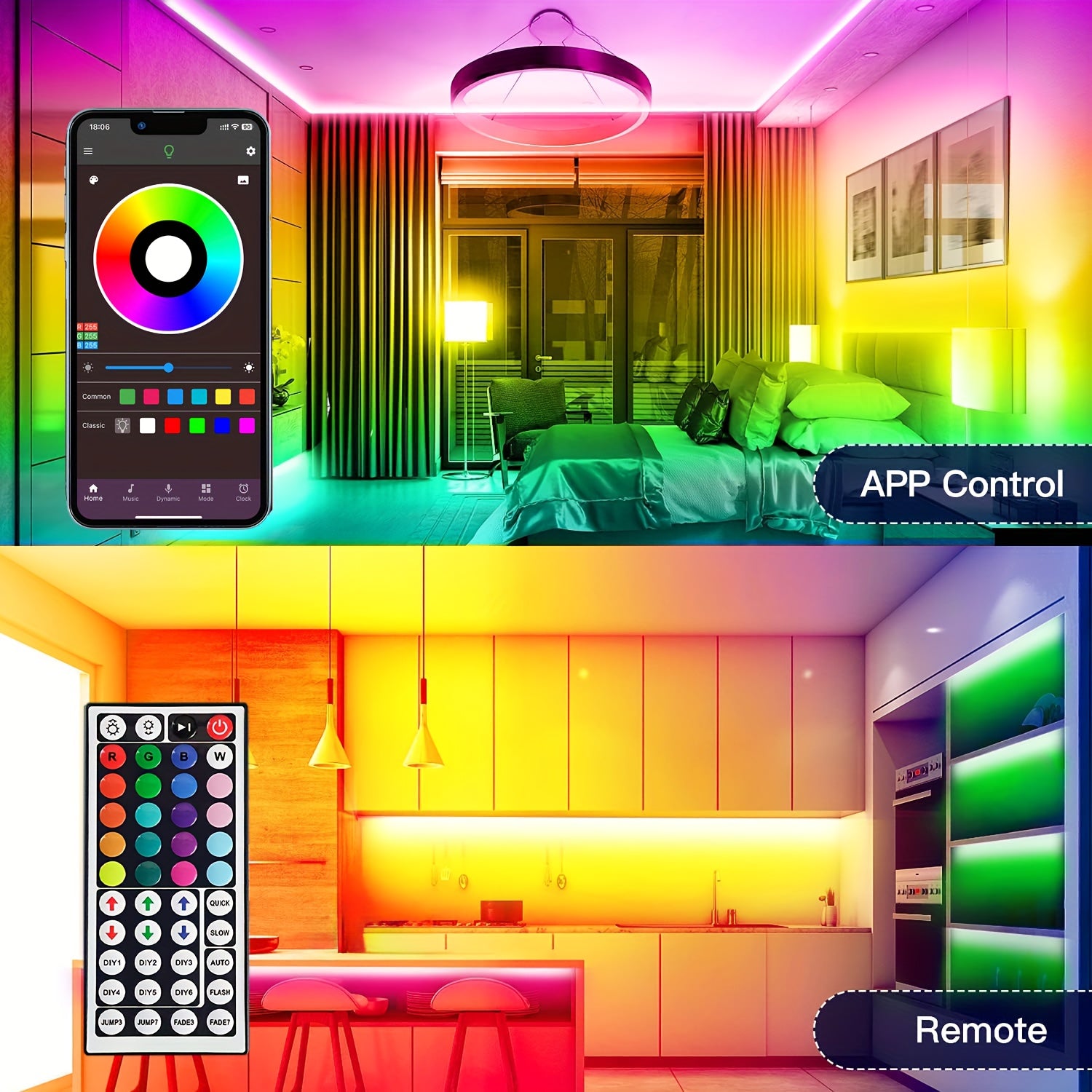91.44cm-30.48m LED Strip Lights with Music Sync Remote App Control Dimmable Decoration