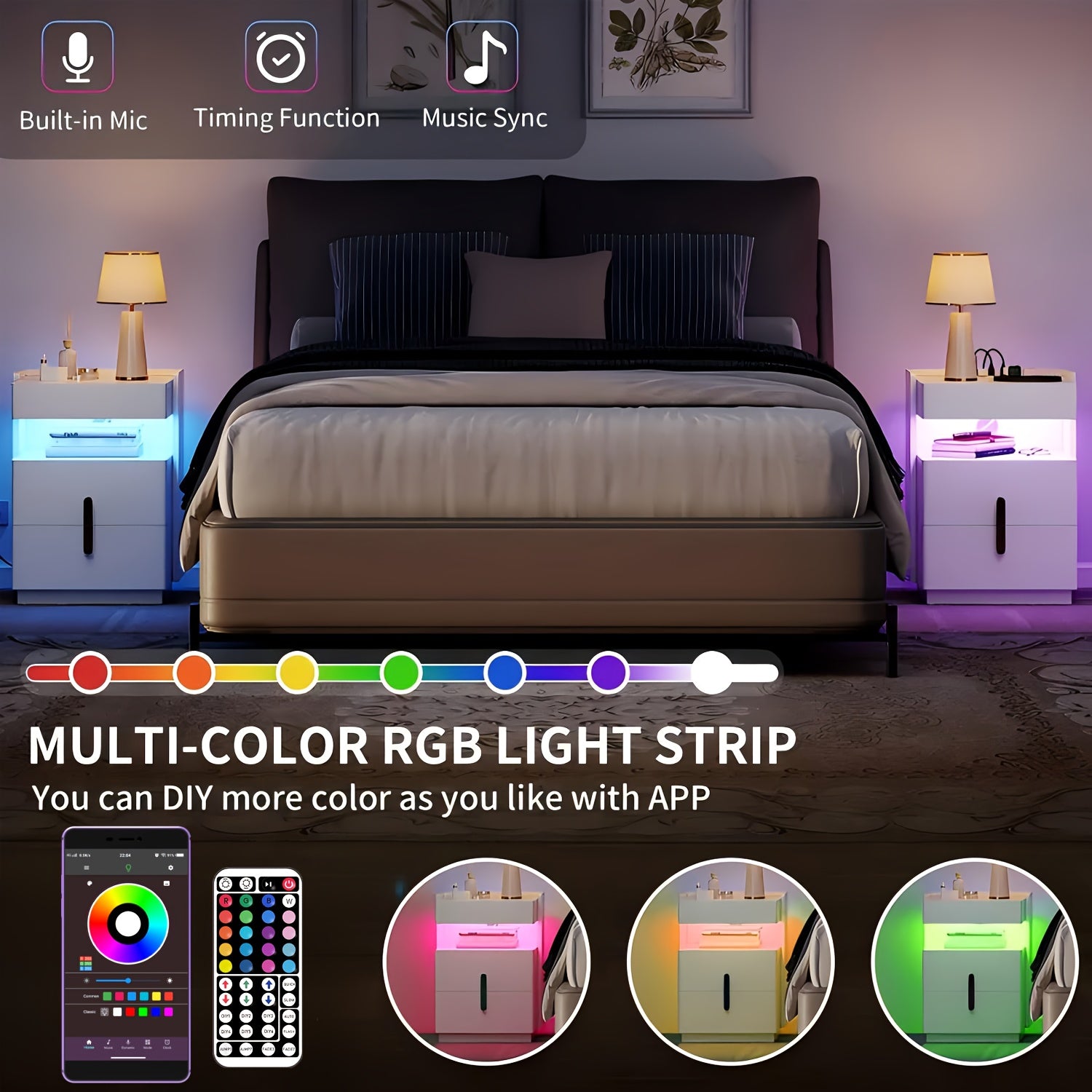 RGB LED Strip Lights with Music Sync, Adjustable Brightness, Remote Control, USB Powered for Bedroom Living Room Party Decor