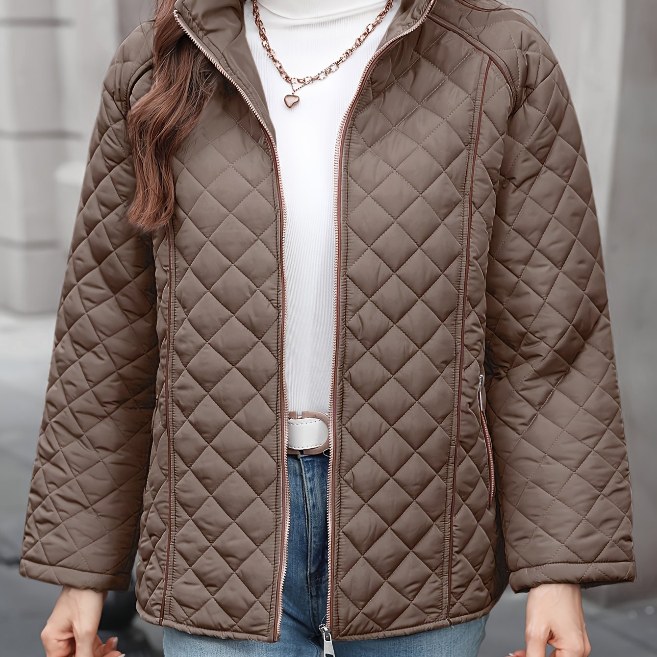 Women's Plus Size Quilted Outerwear with Stand Collar Zipper Long Sleeve Fall Winter