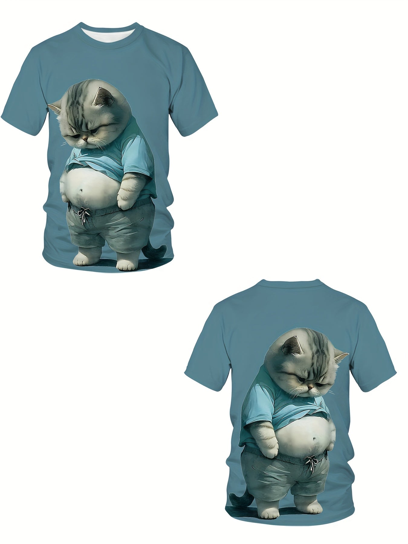 Men's Plus Size Blue Cat Print T-Shirt Polyester Spandex Casual Short Sleeve