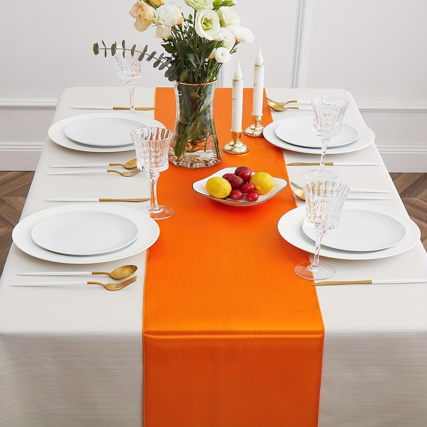 Polyester Satin Table Runner in Vibrant Orange for Weddings and Events