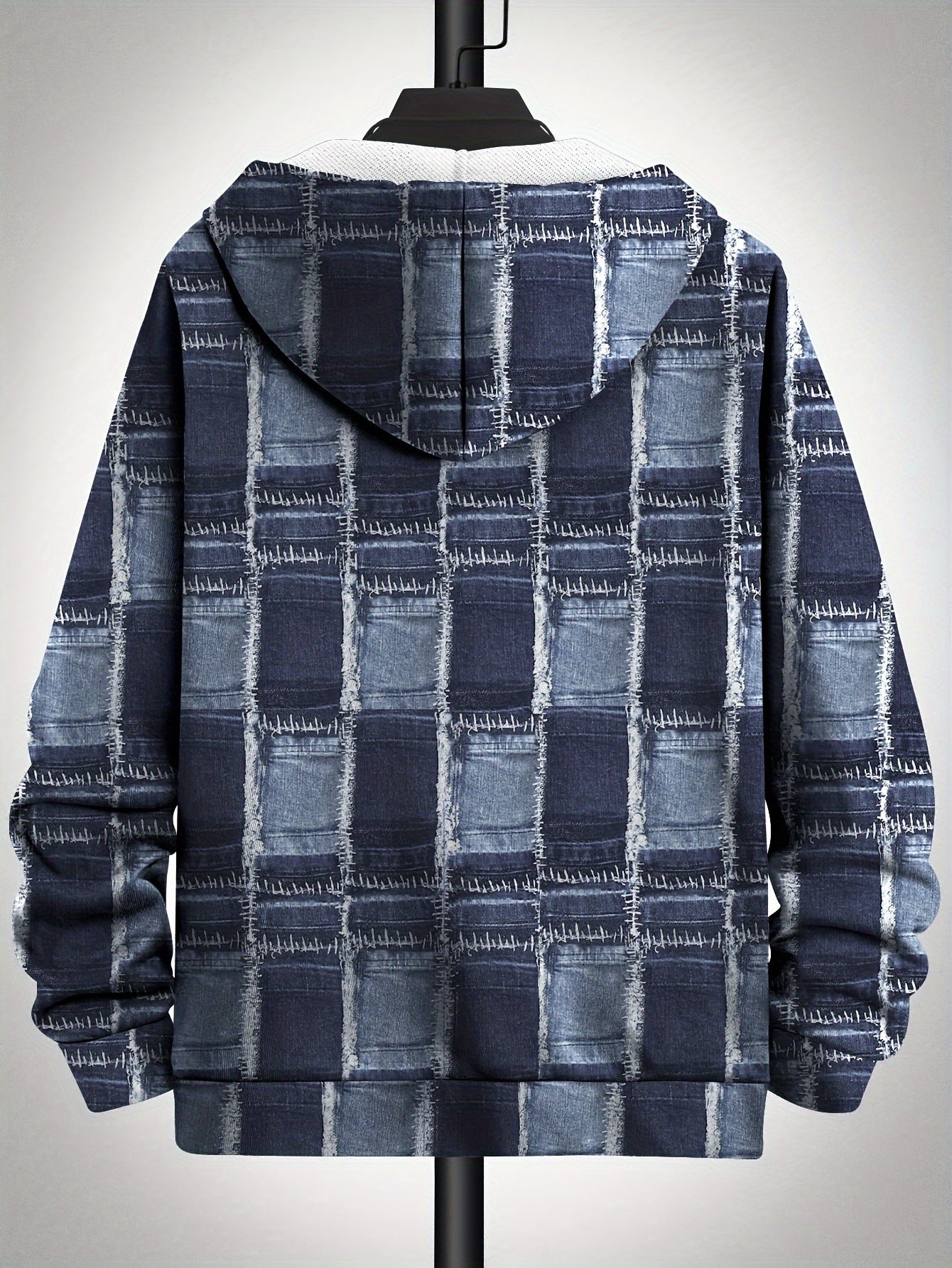 Plus Size Men's Faux Denim Print Hooded Jacket with Zipper Pockets and Machine Washable