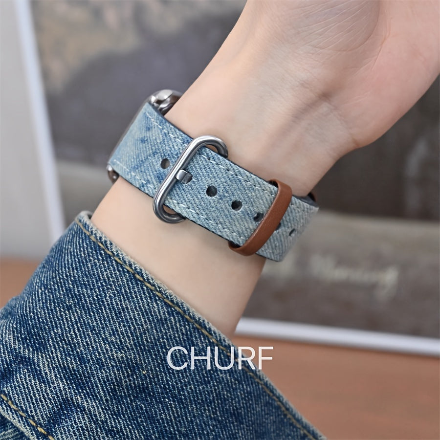 Denim va metalldan tayyorlangan Apple Watch tasmasi, kumush rangli qopqoq bilan, turli xil Apple Watch o'lchamlari va seriyalariga mos keladi, mustahkam va zamonaviy dizayn.