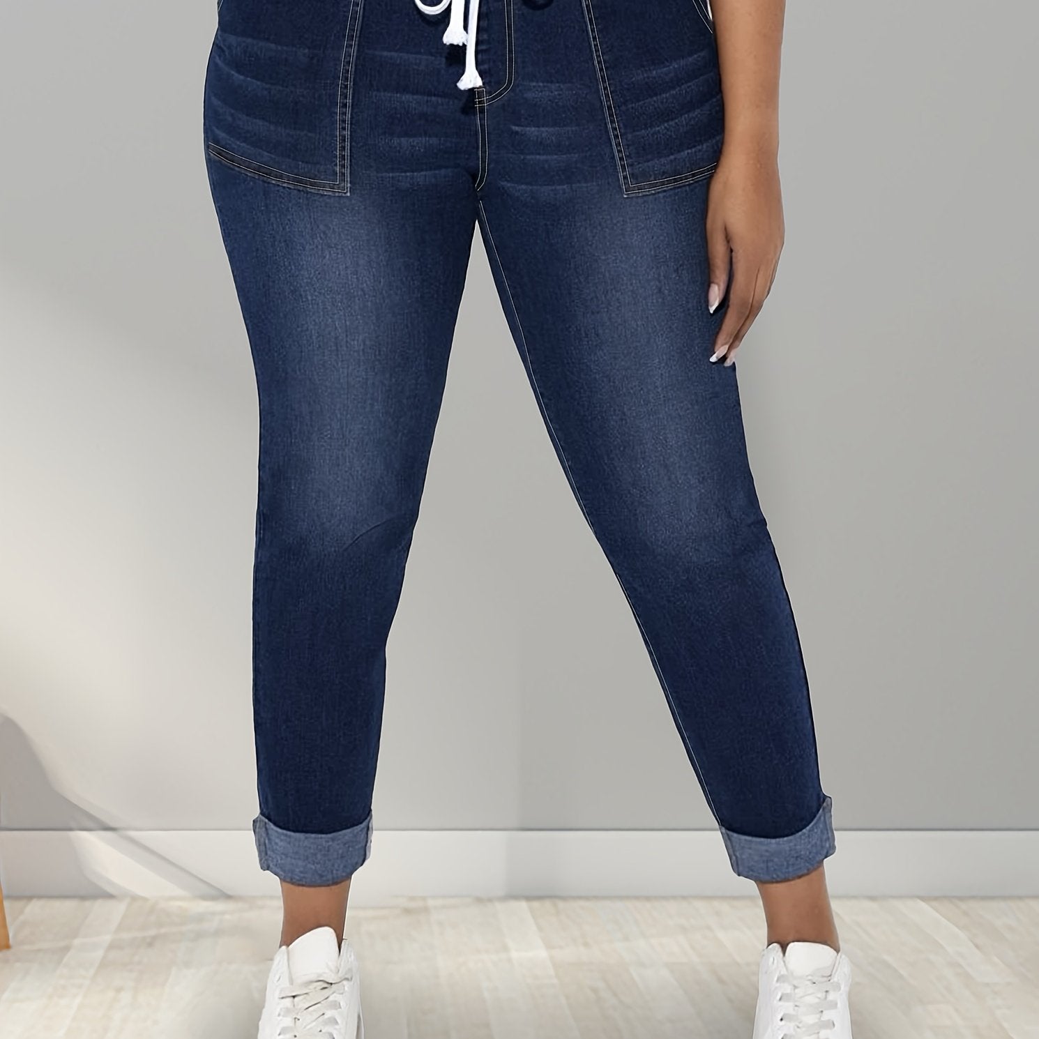 Women's Plus Size High Stretch Skinny Jeans with Roll-Up Hem and Pockets